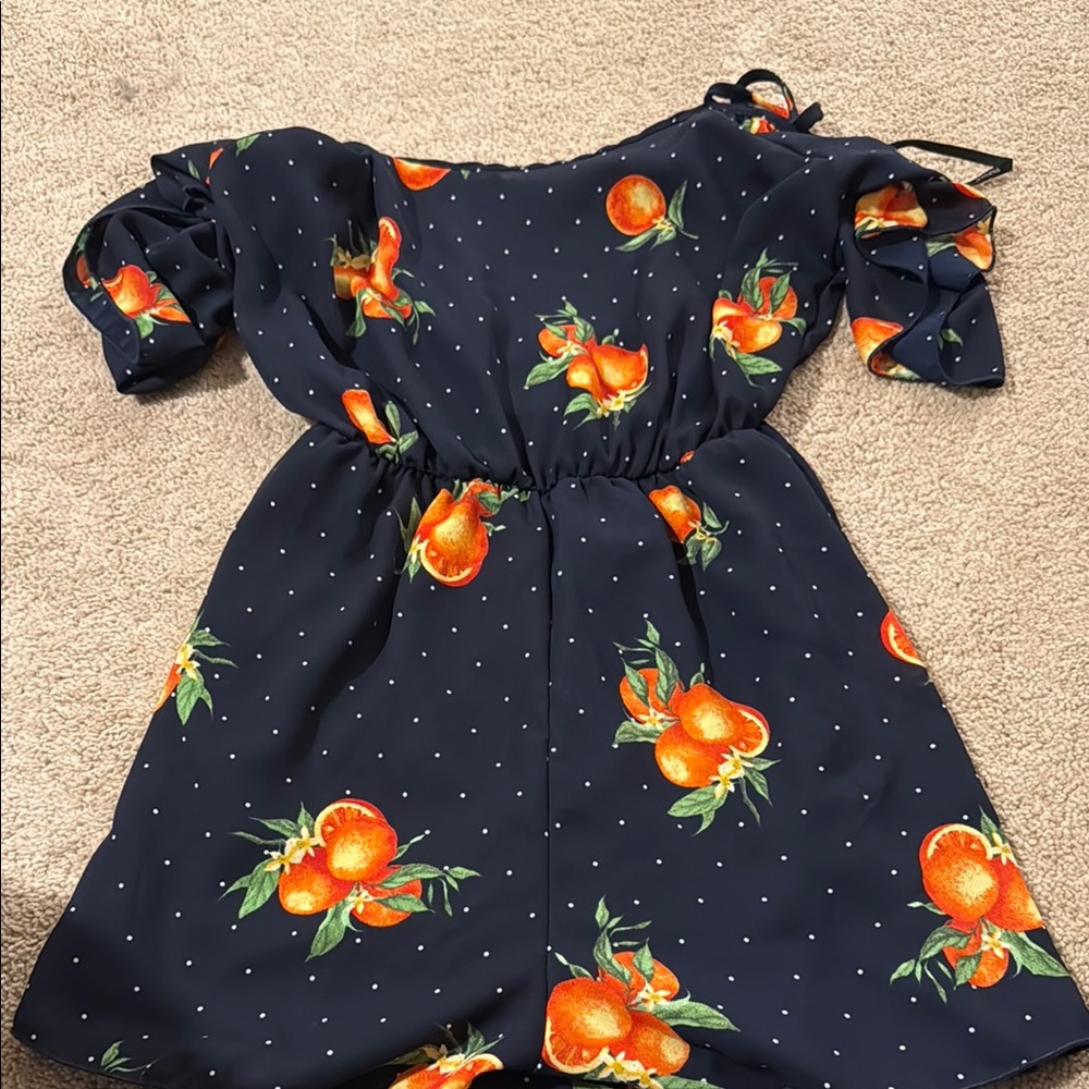 Navy Blue Kids Dress with Orange Print